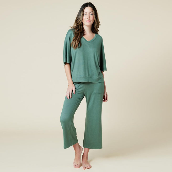 Dream Relaxed V-Neck with Capri Lounge Set - Dusty Green